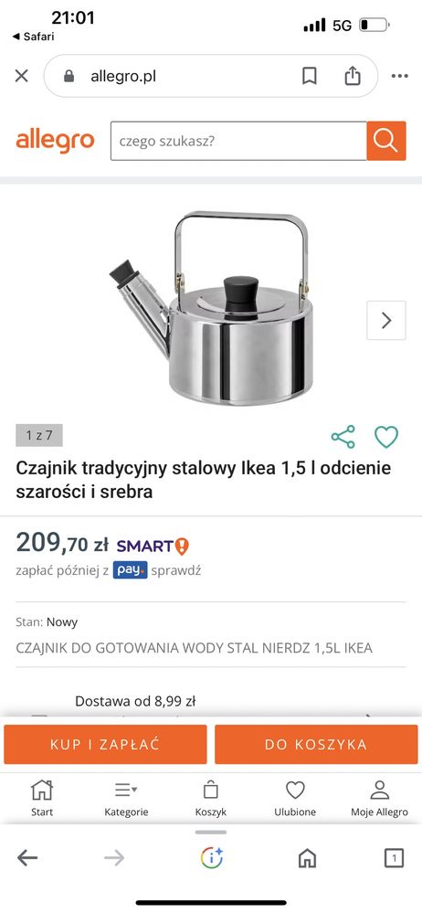 Ikea Metallisk czajnik stal nierdzewna chrom 1,5L gazowy indukcja