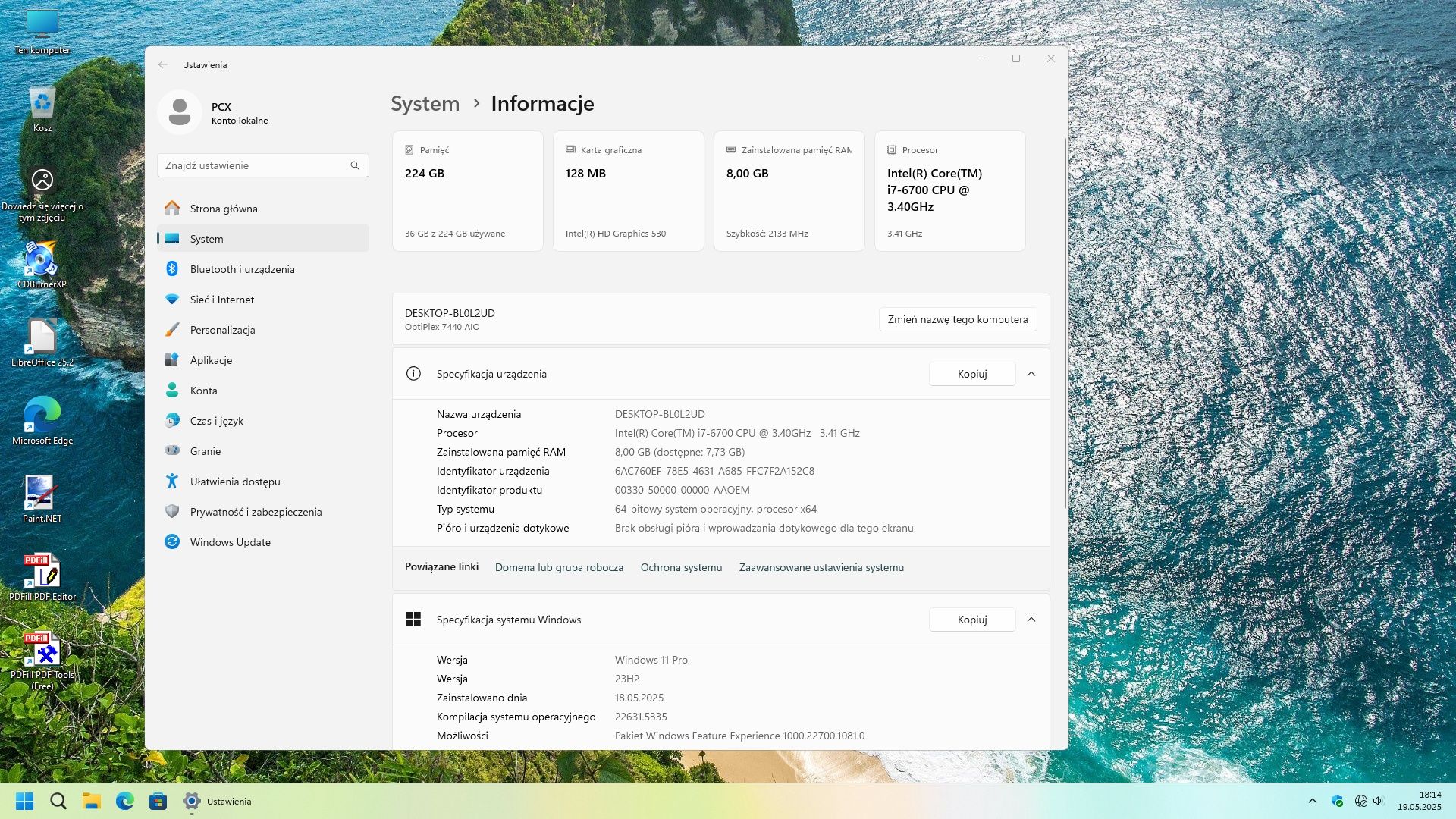 Komputer Dell AiO (i7-6700; SSD; 8 GB RAM; 23" FullHD; Windows 11 Pro)