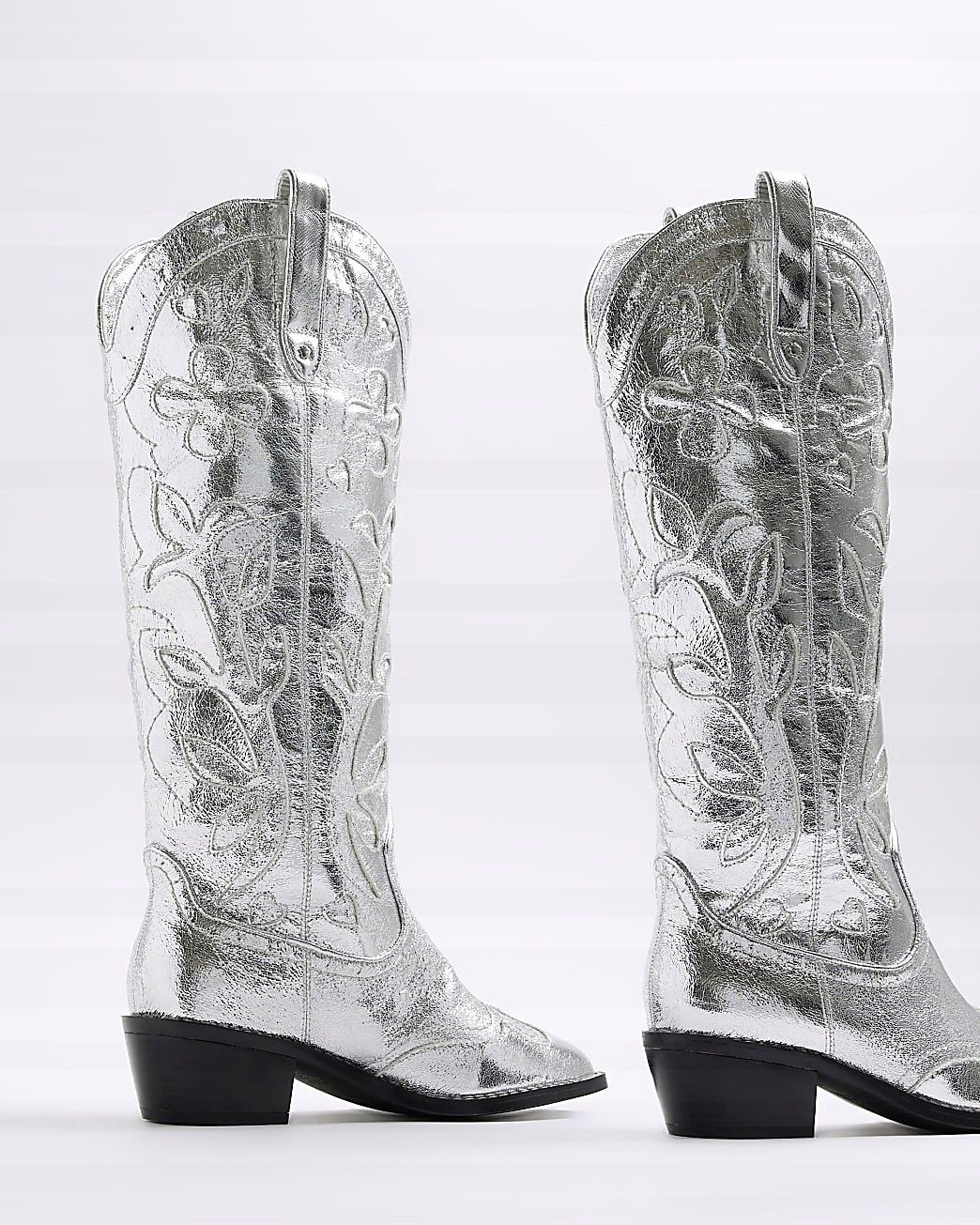 River Island 39 Srebrne Kozaki Kowbojki H17911