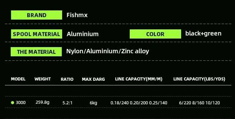 Рыболовная катушка FishMX Green 3000, цельнометаллическая спиннинговая