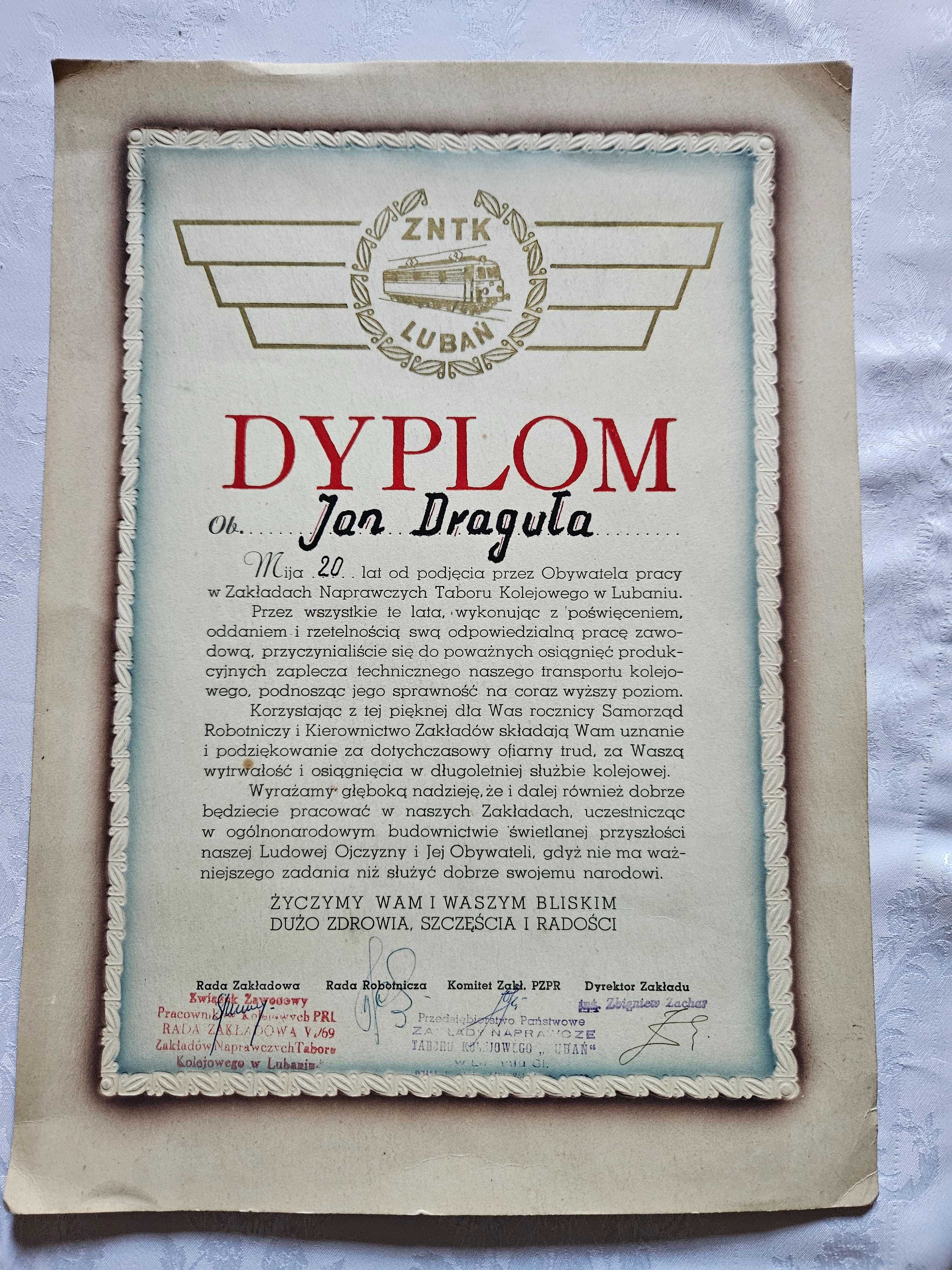 Dyplom PRL ZNTK Lubań 1970 rok