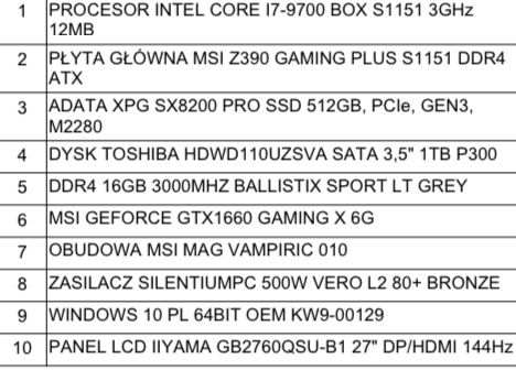 Komputer Gamingowy GTX1660 6GB, i7-9700 + monitor 27’ + peryferia