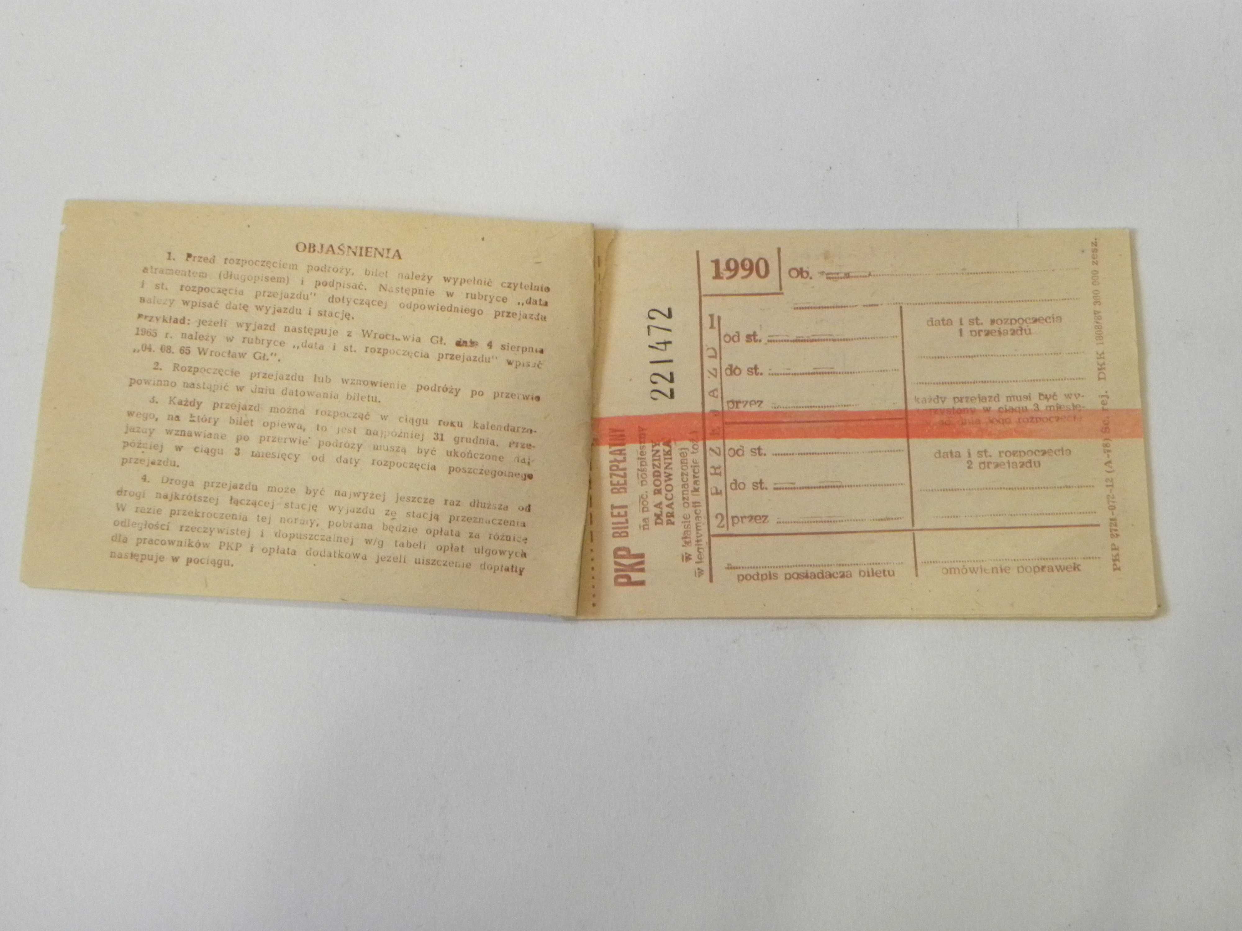 Kolekcjonerskie bilety kolejowe książeczka biletów PKP rok 1990