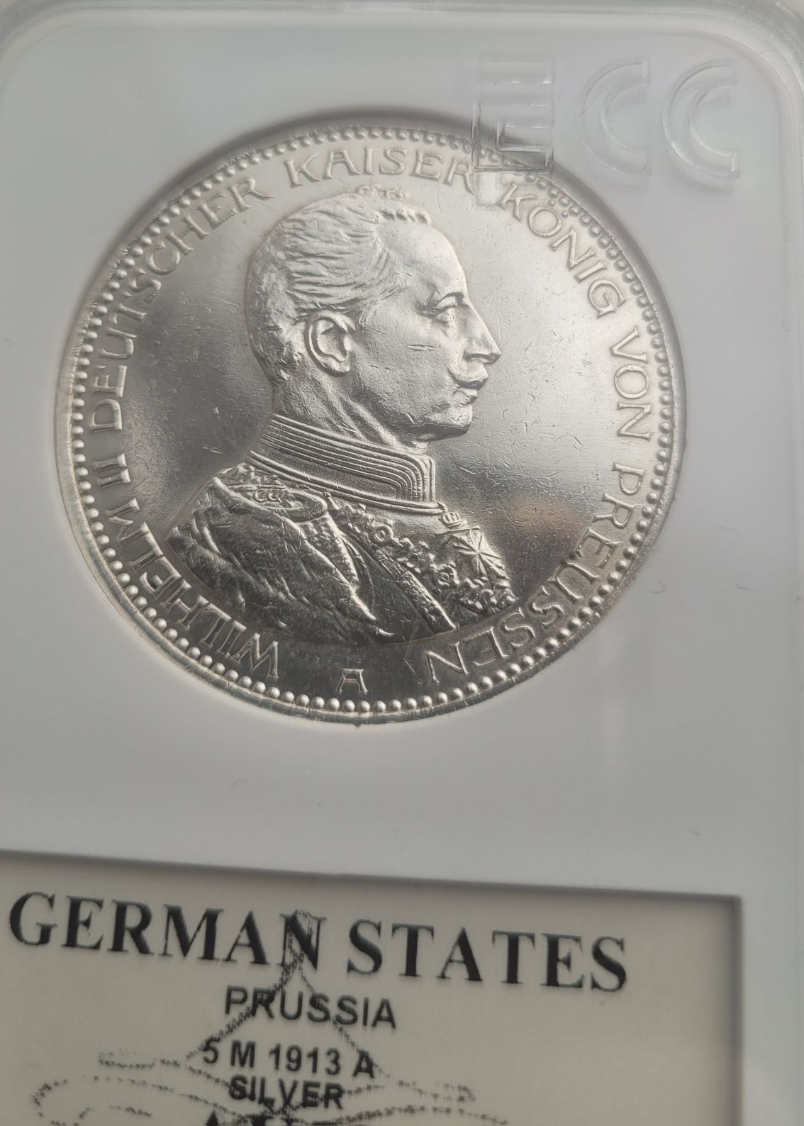 Prusy, 5 marek z lustrzanym połyskiem 1913. Grading