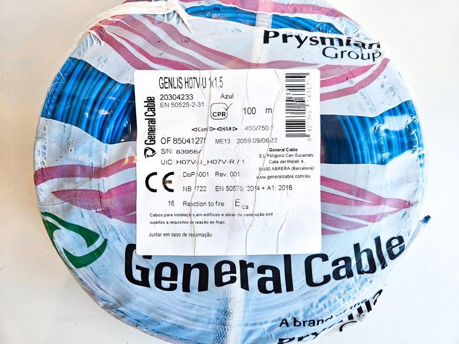 Cabo elétrico H07V-U 1x1,5 mm AZ – 100m – General Cable – novo