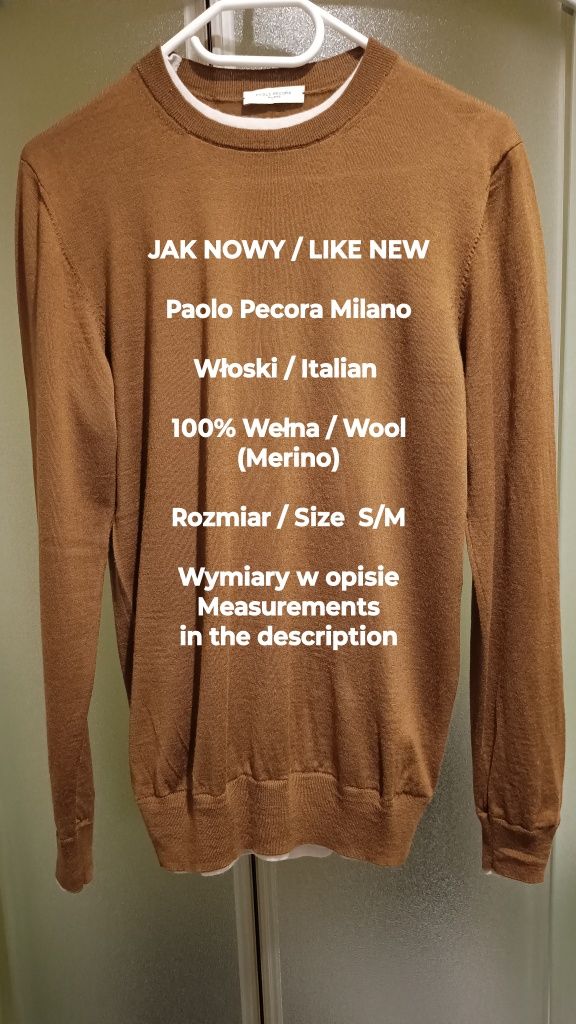 Paolo Pecora Milano  Włoski męski sweter z wełny, 100% Merino, Roz S/M