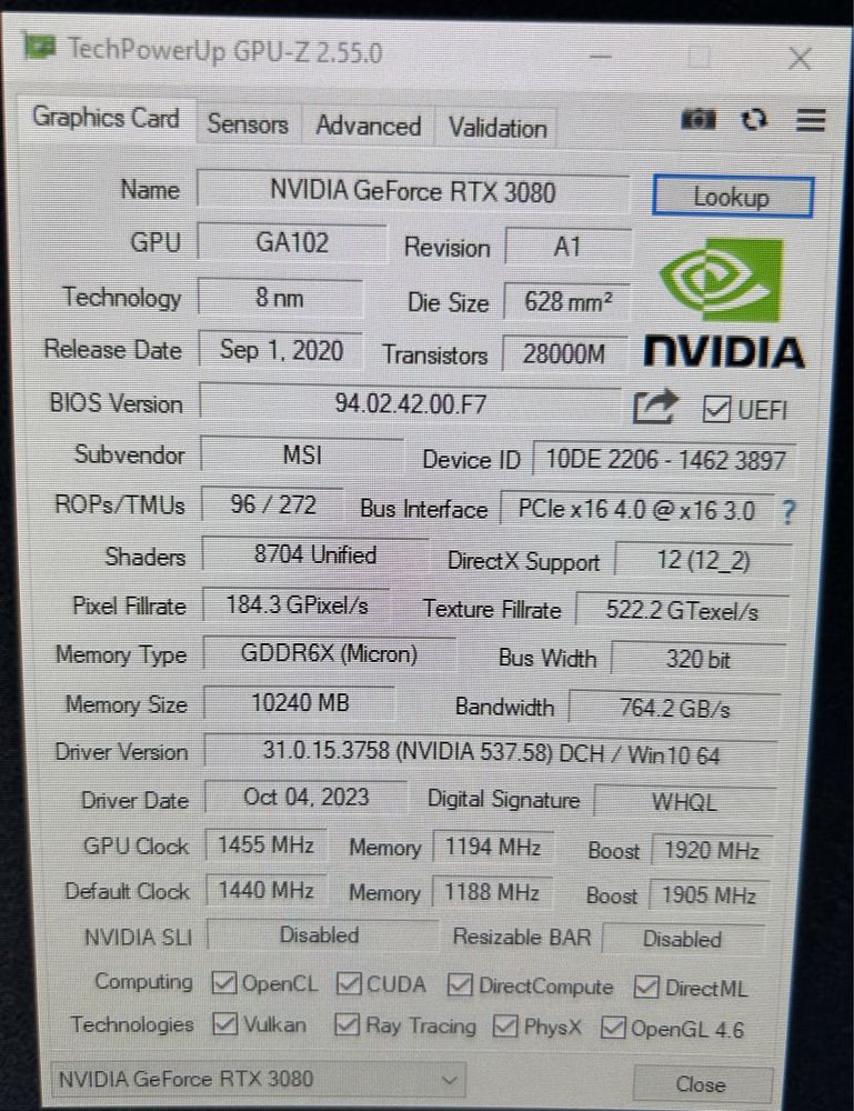 Rtx 3080 10GB Msi Suprim X