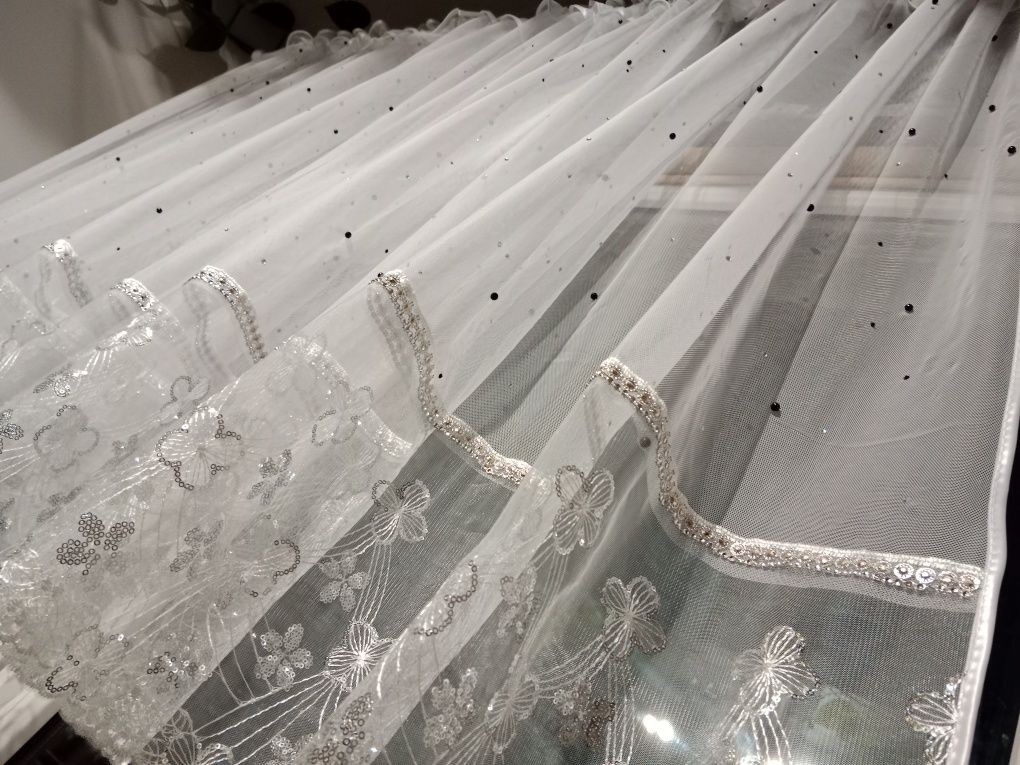Firany nowe 400cm x 220 perełkami i srebrną gipiurą