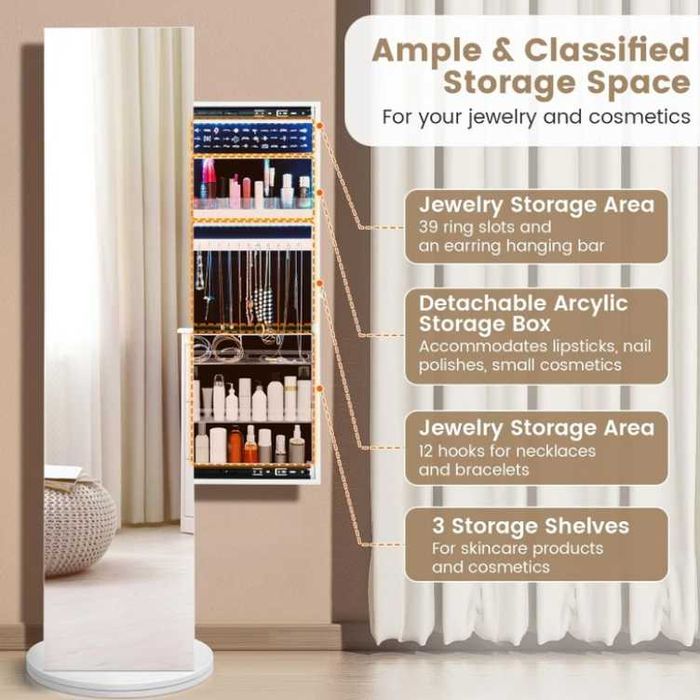 Toaletka Szafka na Biżuterię Obrotowa z Lustrem i Podświetleniem LED