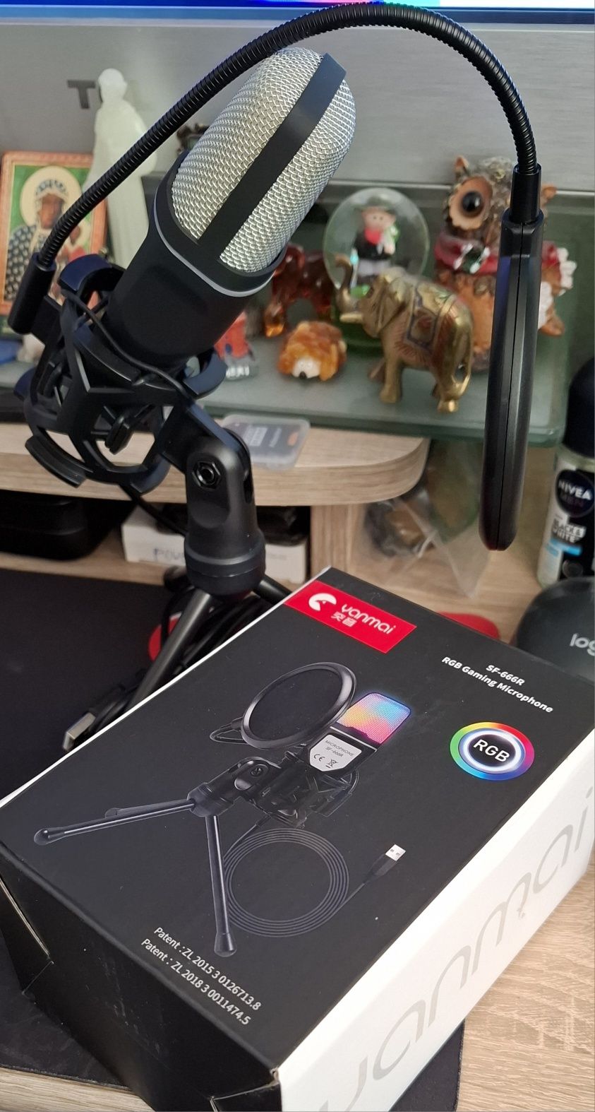 Mikrofon RGB pojemnościowy do PC na USB gamingowy podcast statyw