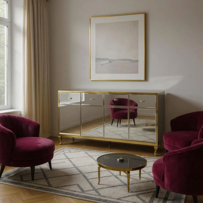 Komoda lustrzana, glamour, salon, noga ludwik, zlota, pojemna, duża!!!