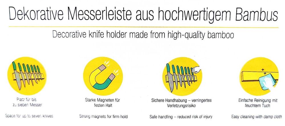 Magnetyczna listwa bambus 40 cm + ostre duże noże kuchenne + pokrowce