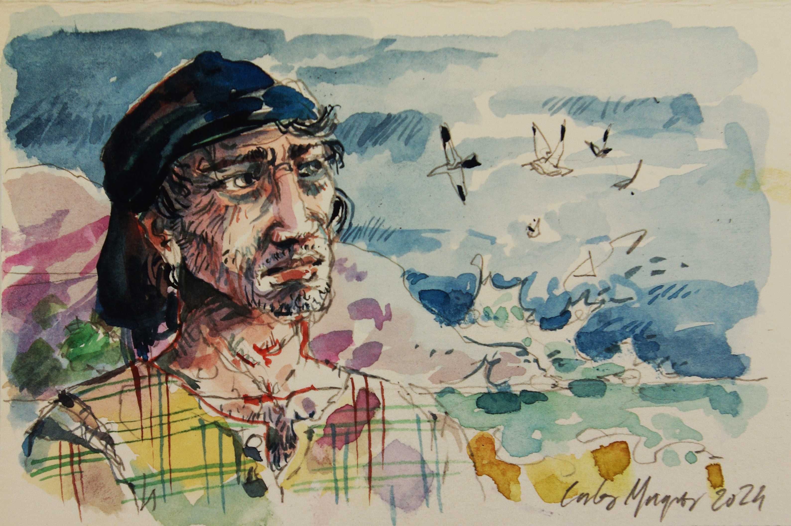 Aguarela com pescador. Mar revolto. Marinheiro, Pesca. Carlos Marques