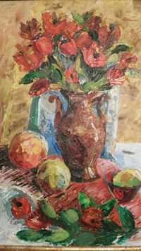 Картина "Маки и фрукты" натюрморт мастихином живопись в рамке