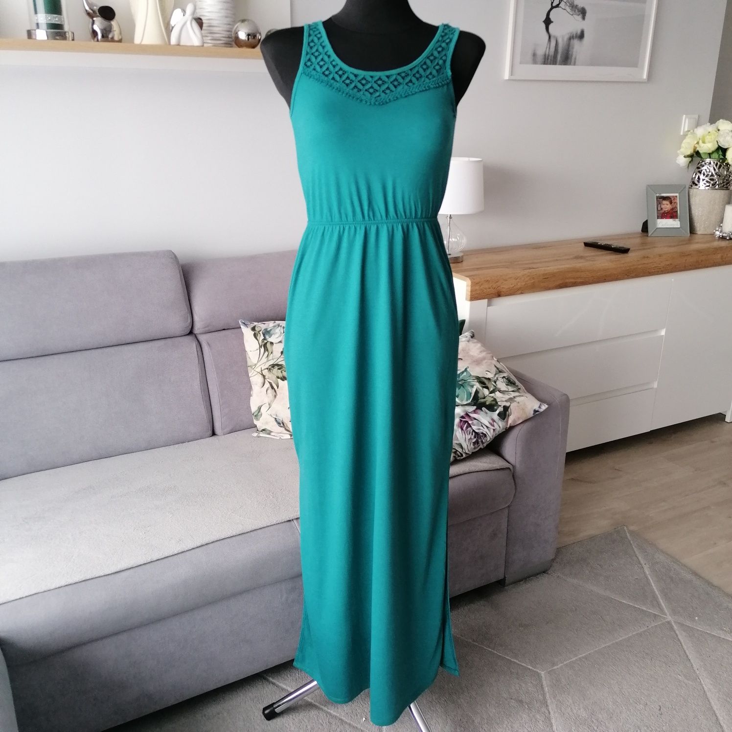 Zielona sukienka maxi, bez rękawów, z koronką, Esmara, XS