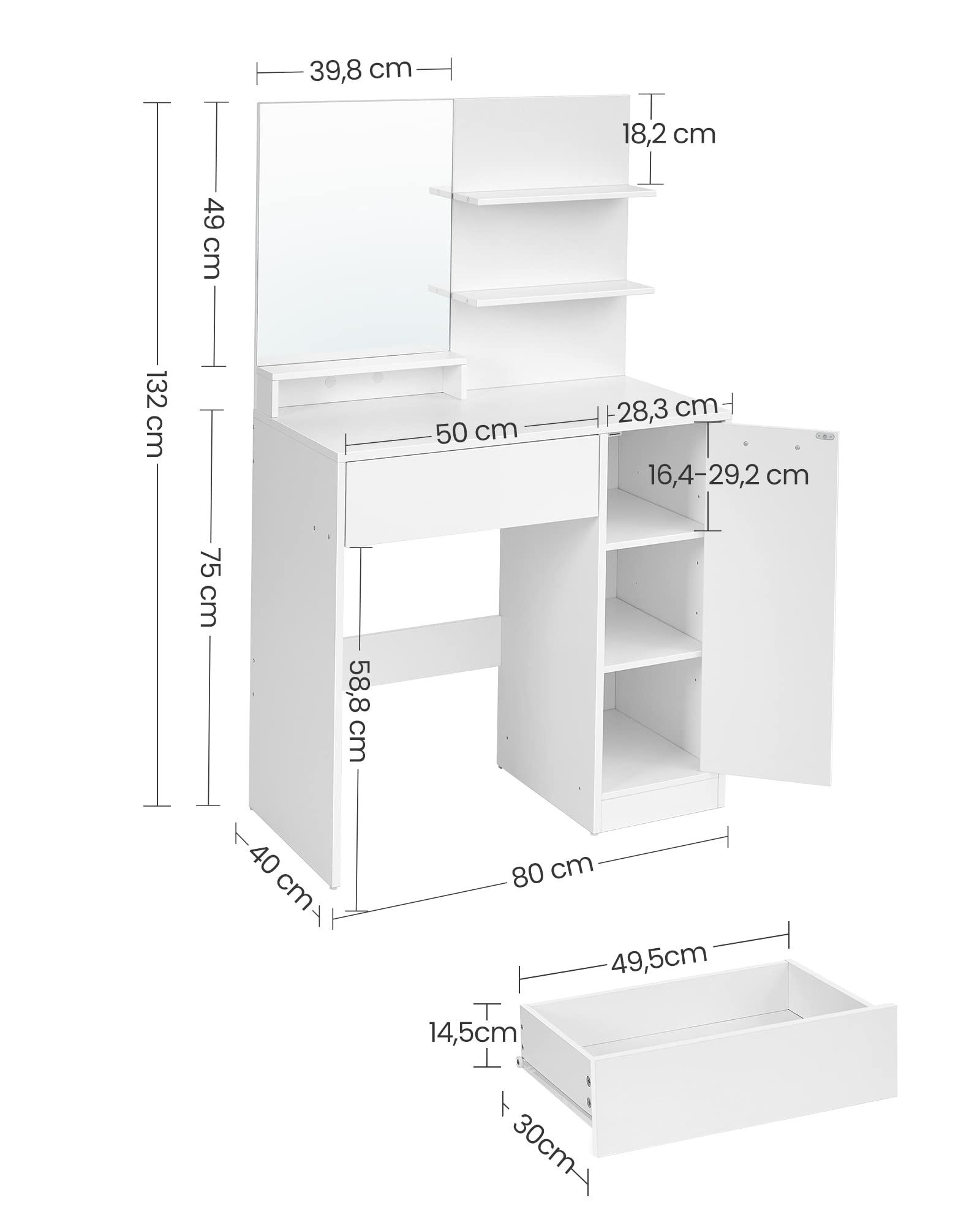 Toaletka z lustrem z szufladą szafka 40 x 80 x 132 cm biała GLAMOUR