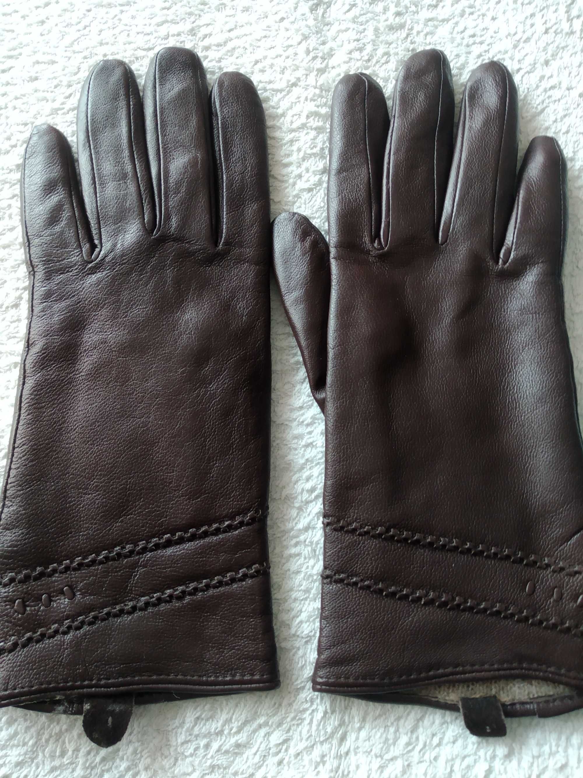 Damskie ciemnobrązowe skórzane rękawiczki