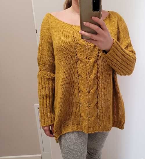 Żółty (musztardowy) sweter / pulower oversize z rozcięciami, XL (42)