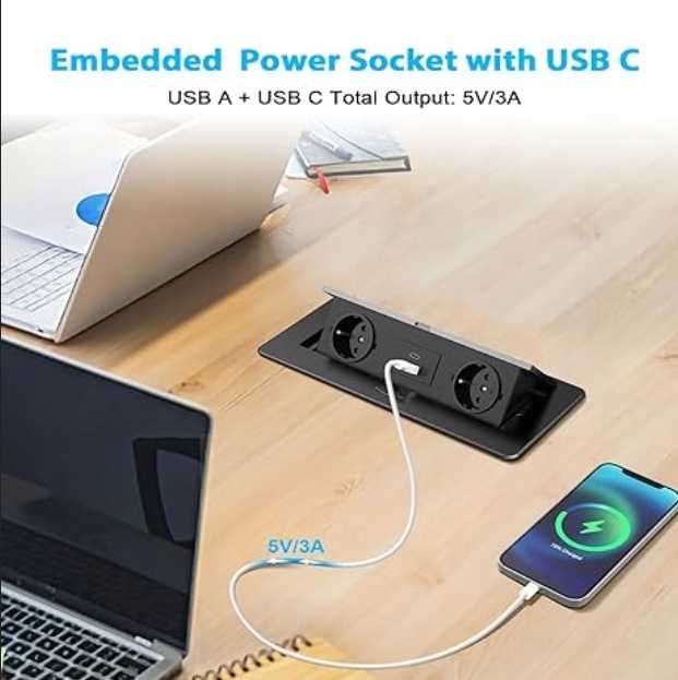Wysuwana Listwa Zasilająca USB C PD20W 2 Gniazda do Blatu 2500W Czarna