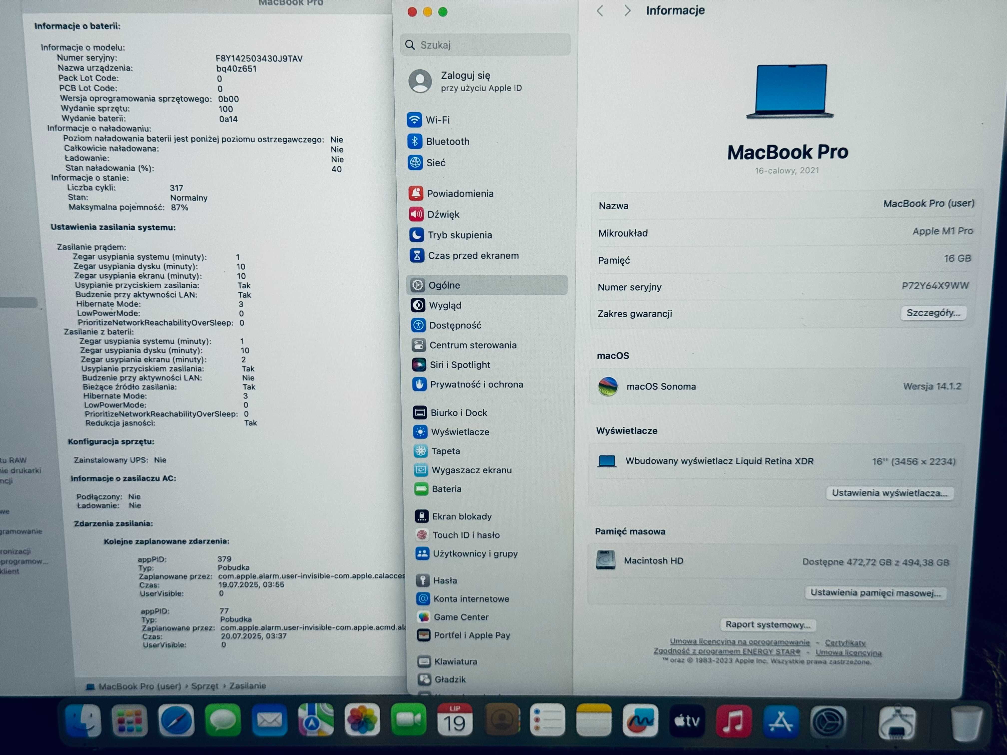 MacBook Pro 16 2021 M1 Pro 87% Kondycji 16GB RAM 512GB SSD Space