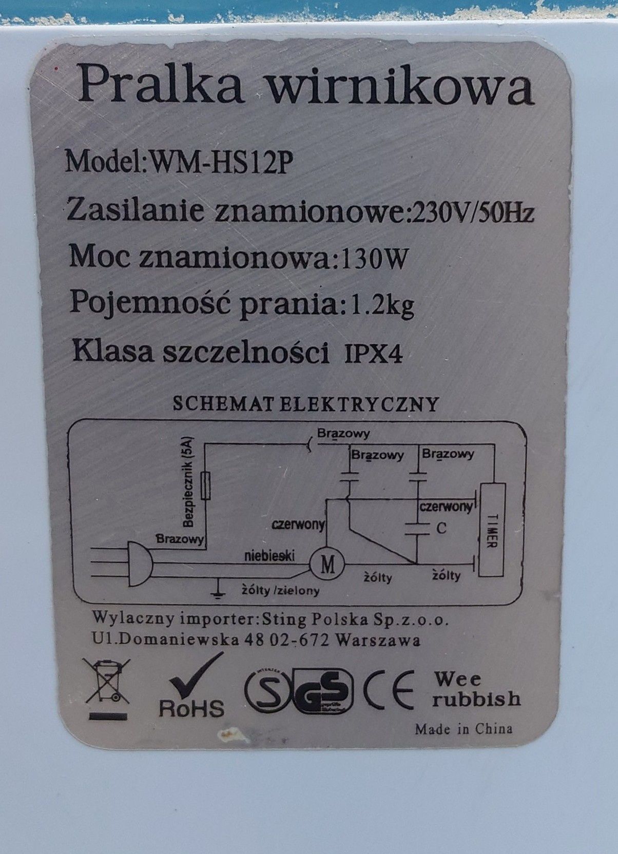 Pralka wirnikowa wirówka AKAI WM-HS12P