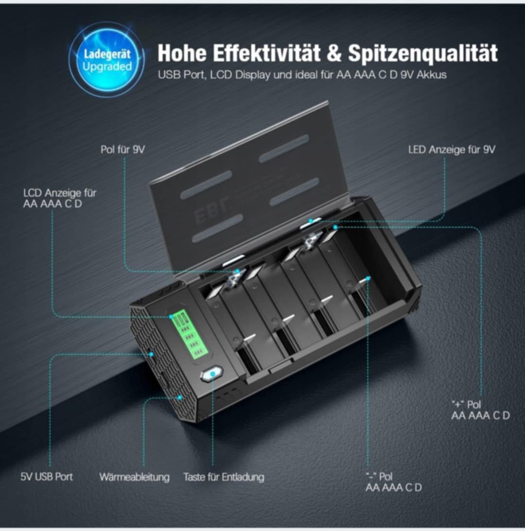 Ładowarka EBL AA AAA 9 V Ni-MH Ni-CD z  wyświetlaczem LCD