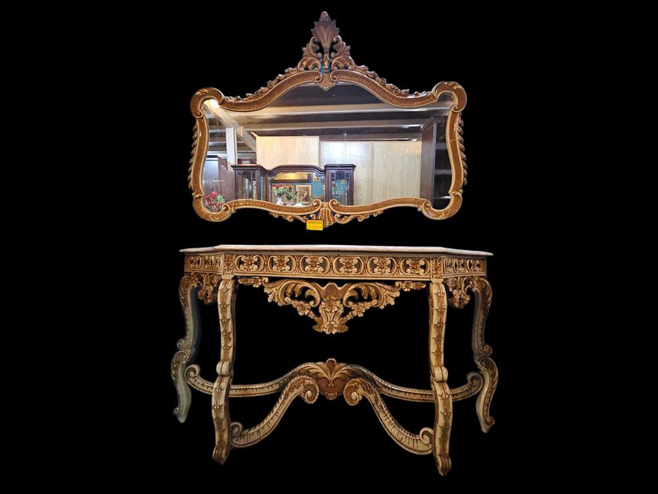 Conjunto de lindíssima consola em madeira com tampo em pedra mai