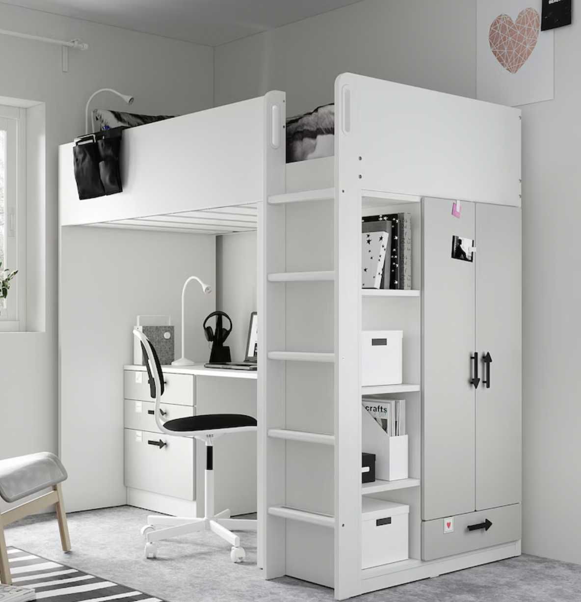 Cama Alta IKEA SMÅSTAD com Secretária e Gavetas – 90x200 cm