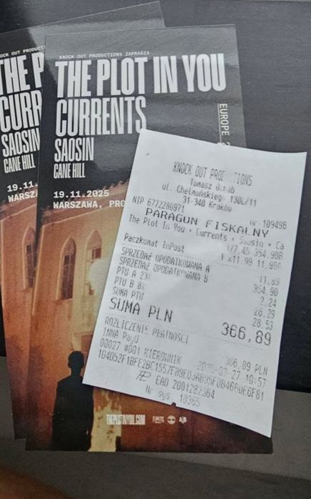 2x Bilety na koncert The Plot in You, Saosin, Currents, Cane Hill