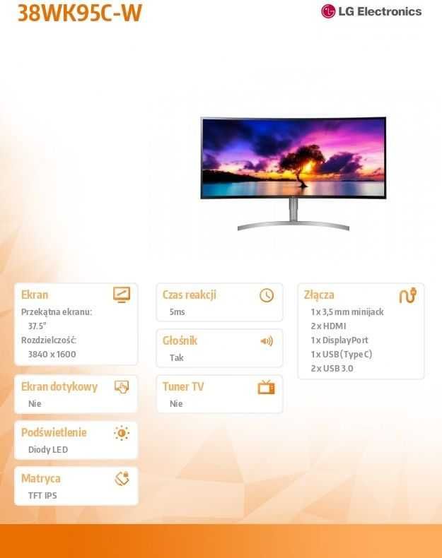 Monitor LG 38WK95C-W LED Round Screen 21:9 37.5" 3840x1600 UW4K/WQHD+