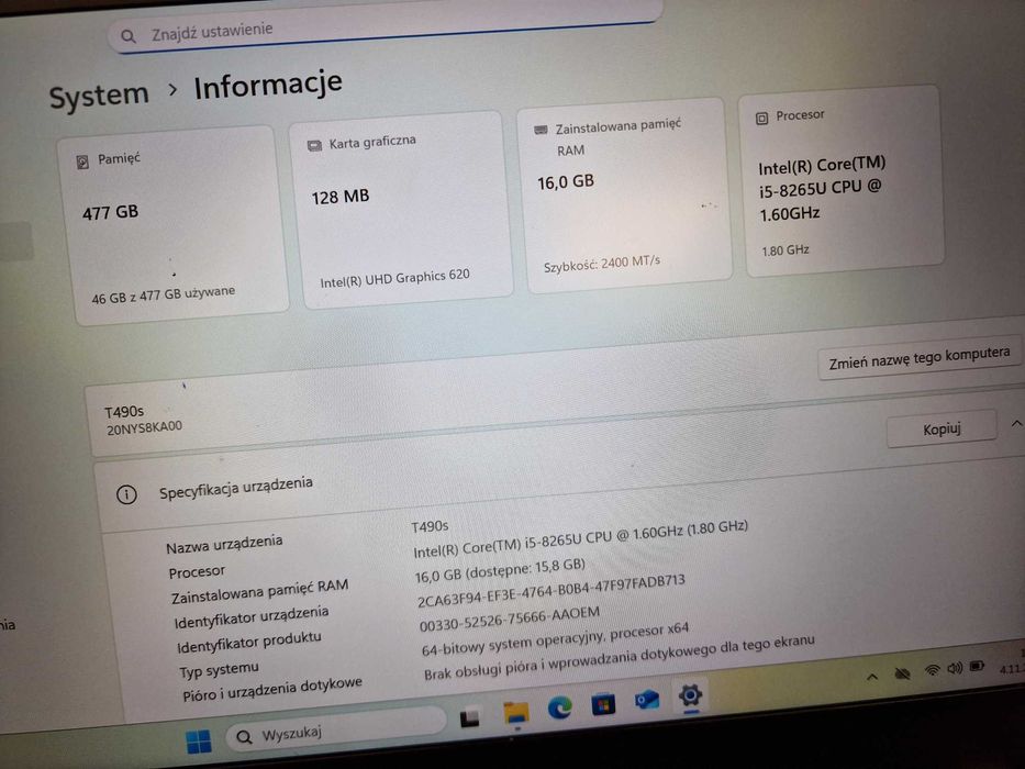 Lenovo Thinkpad T490s/ i5-8265U/ 16GB/ 512GB/ 14" FHD/ W11P/ QWERTZ