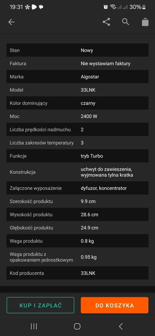 Jonowa suszarka do włosów Aigostar 33LNK