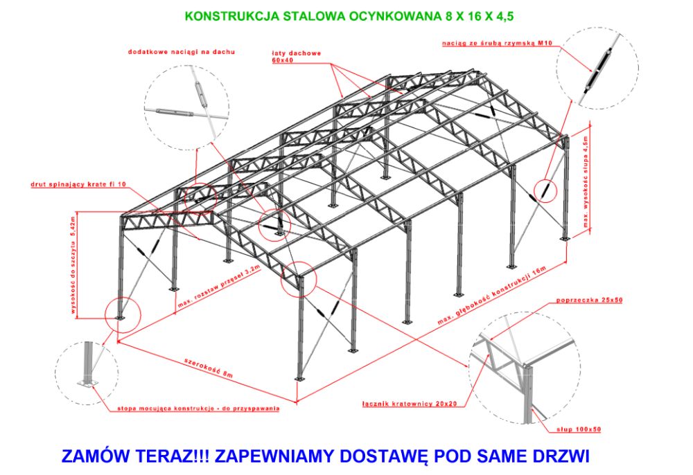 PROMOCJA Konstrukcja stalowa ocynkowana 8x16 magazyn hala wiata garaż