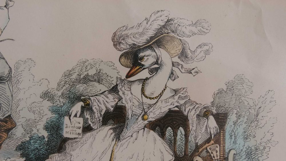 Gravura satírica francesa emoldurada - "Un mariage suivant le lois"