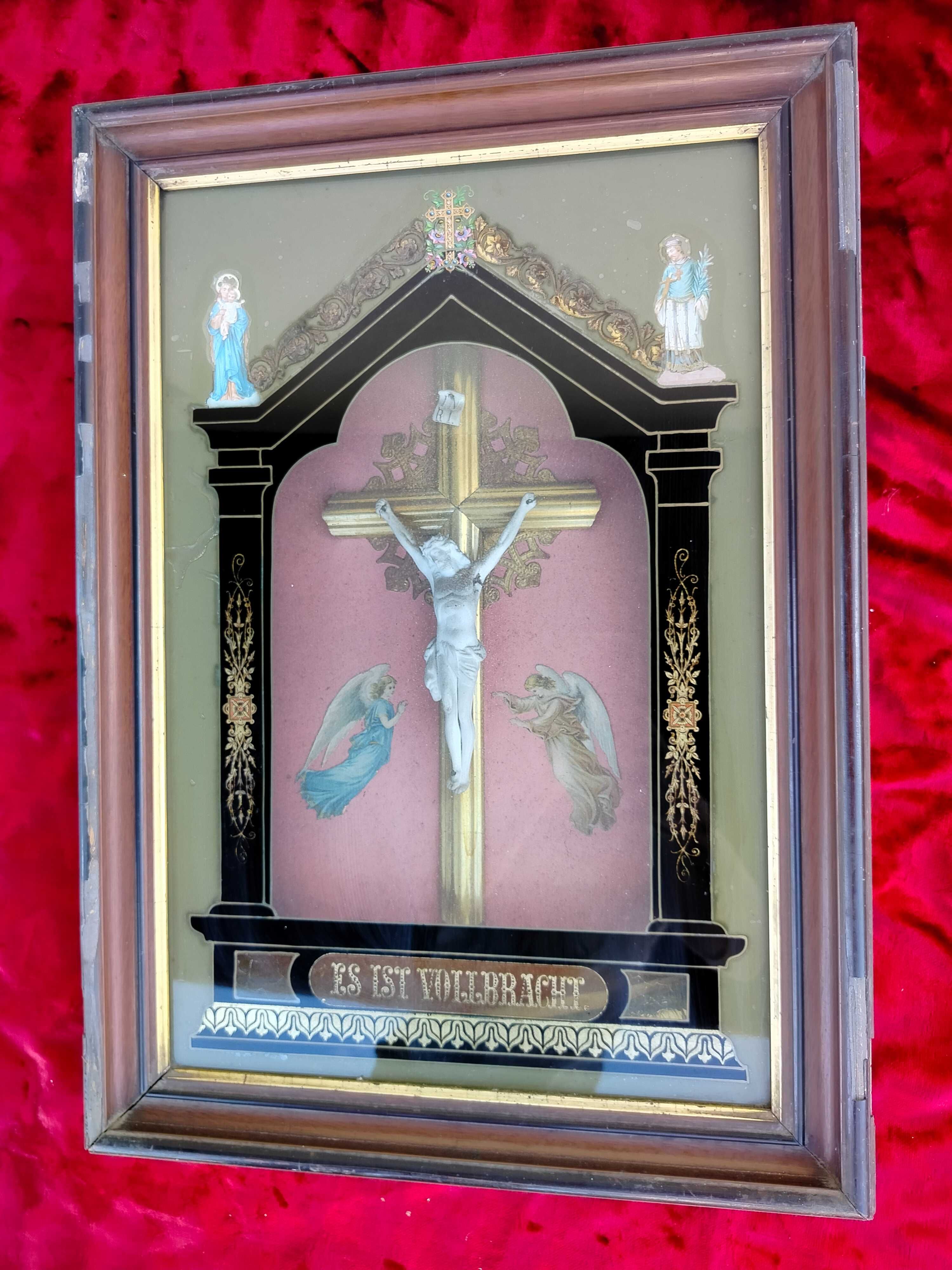 Stary unikatowy obraz kapliczka religijny z krzyżem