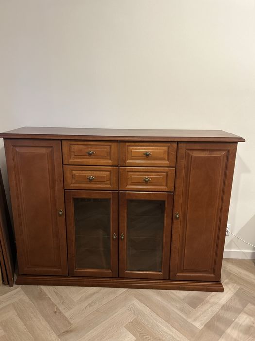 Zestaw mebli drewnianych, stół 245 cm, 4 krzesła