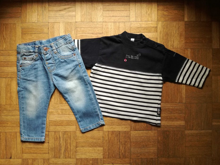 Dżinsy Zara + marynarska bluza w pasy, rozmiar 74