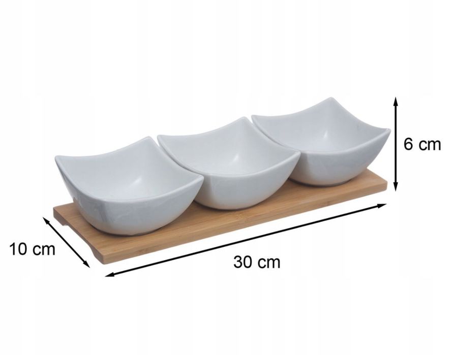 Zestaw 3 sztuk miseczka na przekąski porcelanowe + bambusowa tacka