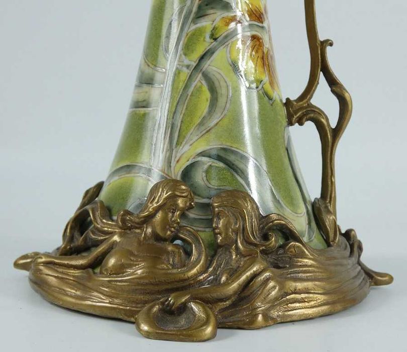 KARAFKA porcelana + BRĄZ secesja dzban kwiat sygnowana