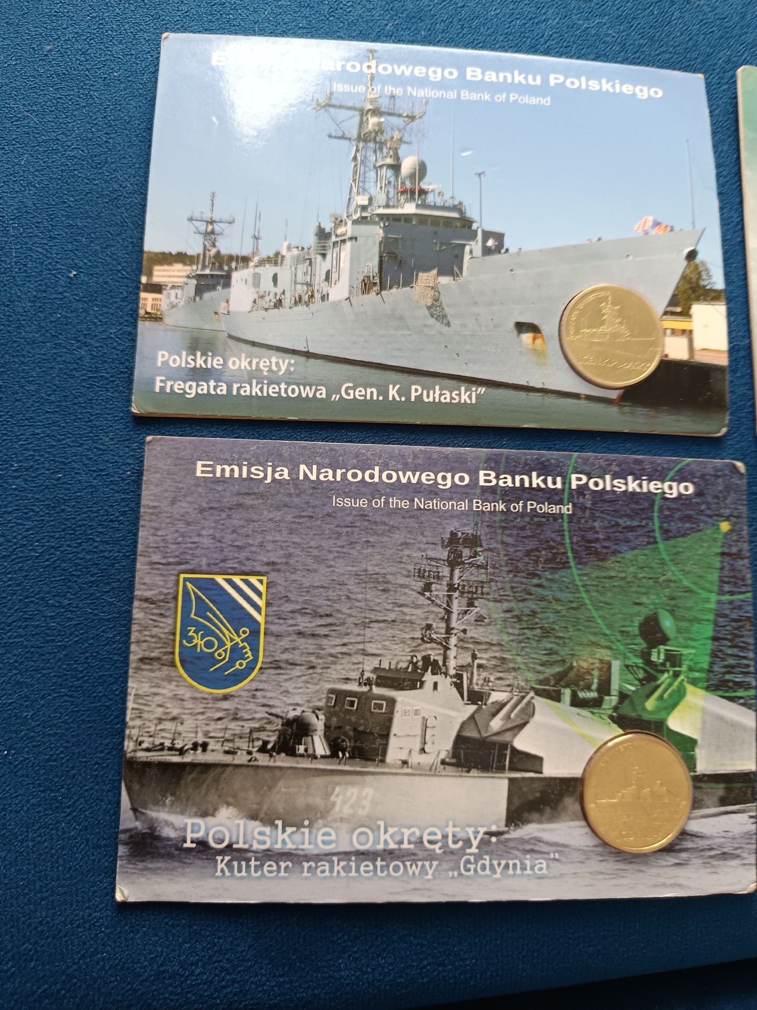 Numizmatyka 8 monet 2 zł polskie okręty i Gdynia z kartami