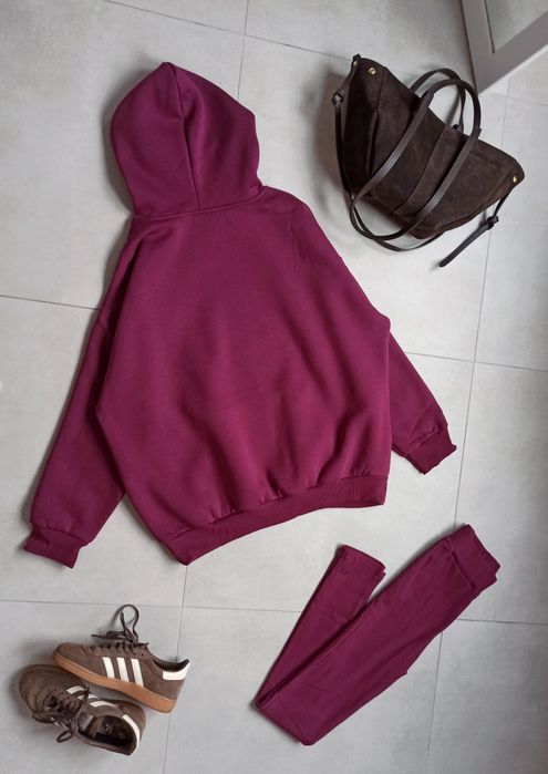 Dres komplet śliwkowy bluza ocieplana legginsy 100% bawełna