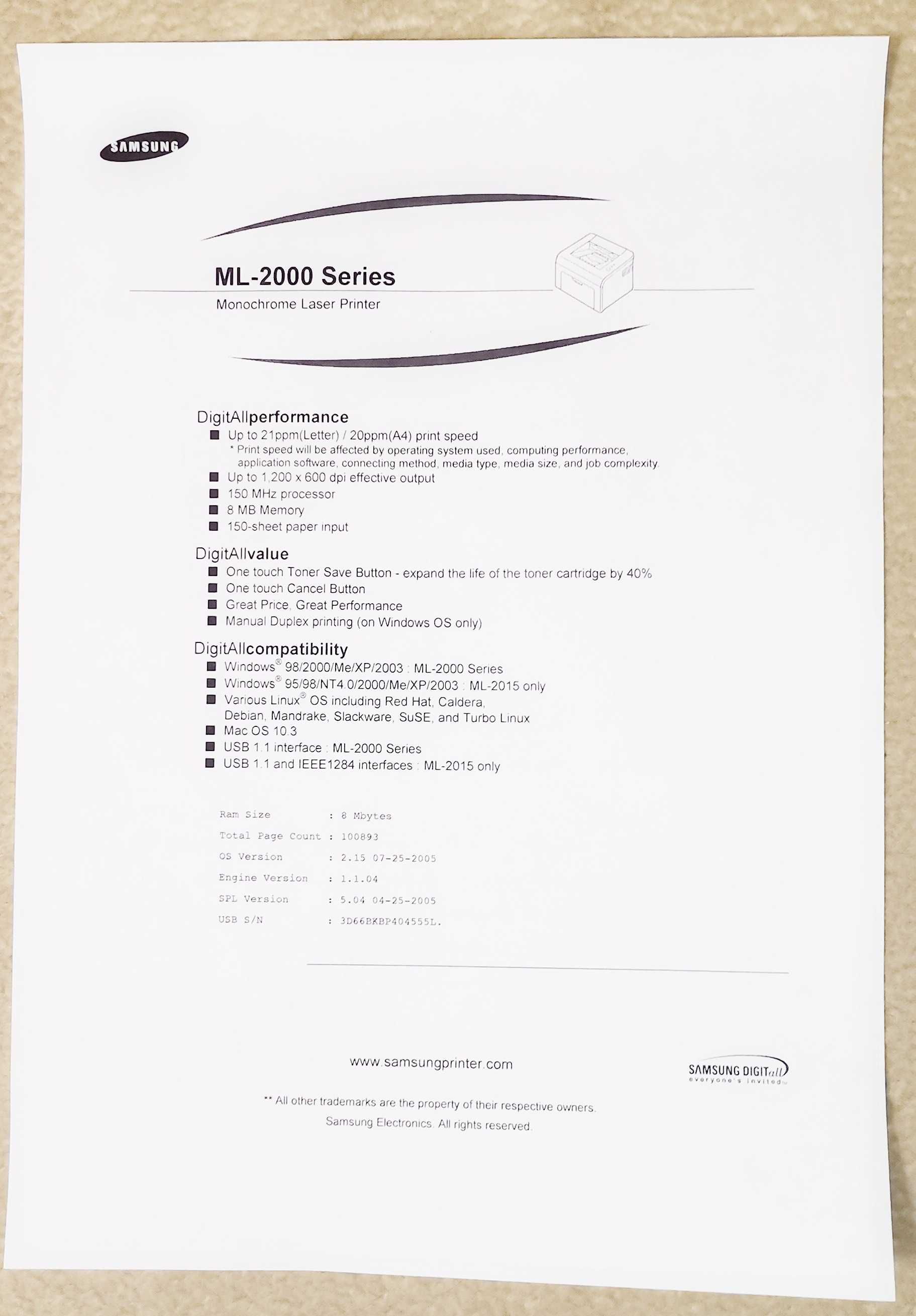 Надійний та економічний принтер Samsung ML-2015 із повним картриджем