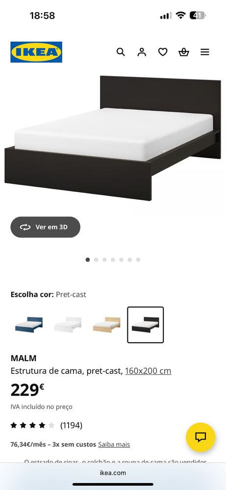 Cama + mesa de cabeceira 160x200 Ikea Malm completa