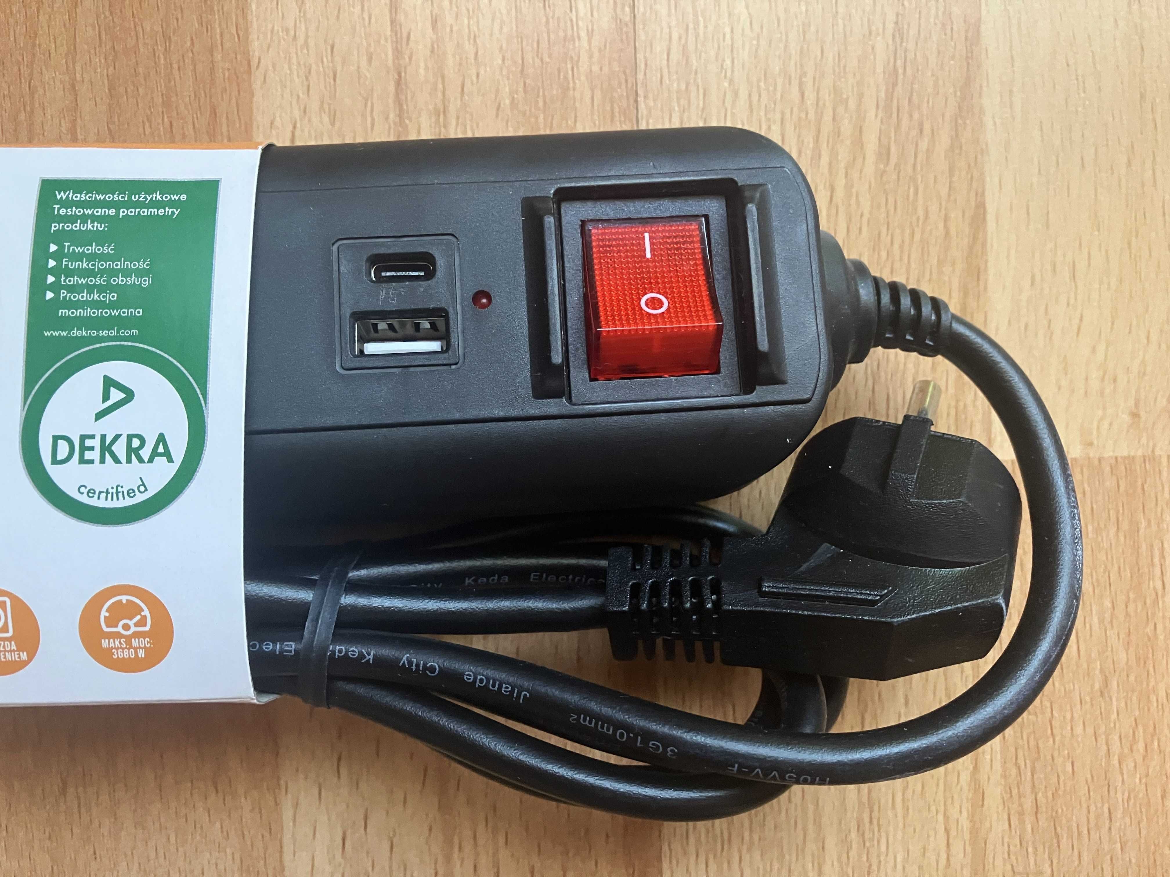 1x Przedłużacz elektryczny 1,5m z gniazdami USB A i C HYKKER listwa!