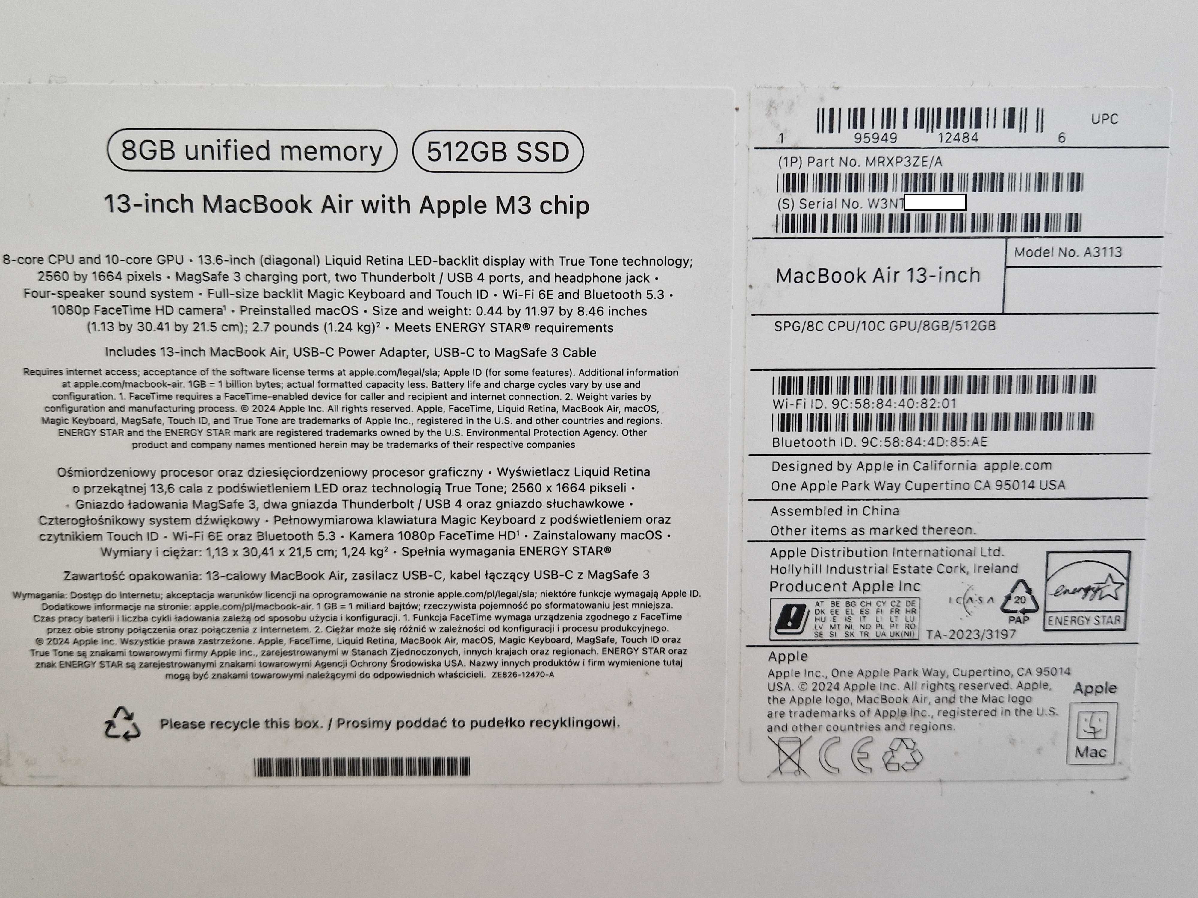 Apple MacBook Air 13,6" 2024 M3/8GB/512GB SZARY jak nowy GW13/08/2026
