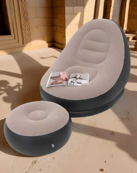 Надувне садове крісло з пуфиком, велюр, для відпочинку