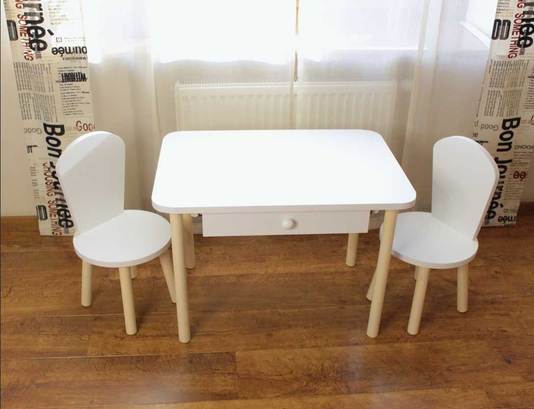 Столик дитячий стільчики круглі дерев'яні стіл з шухлядою новий білий