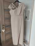 Piękna elegancka sukienka na wesele beżowa z ozdobna falbana r.46