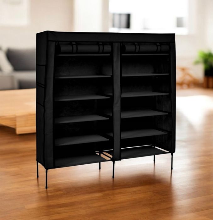 Nowa czarna szafa tekstylna podwójna organizer na ubrania buty