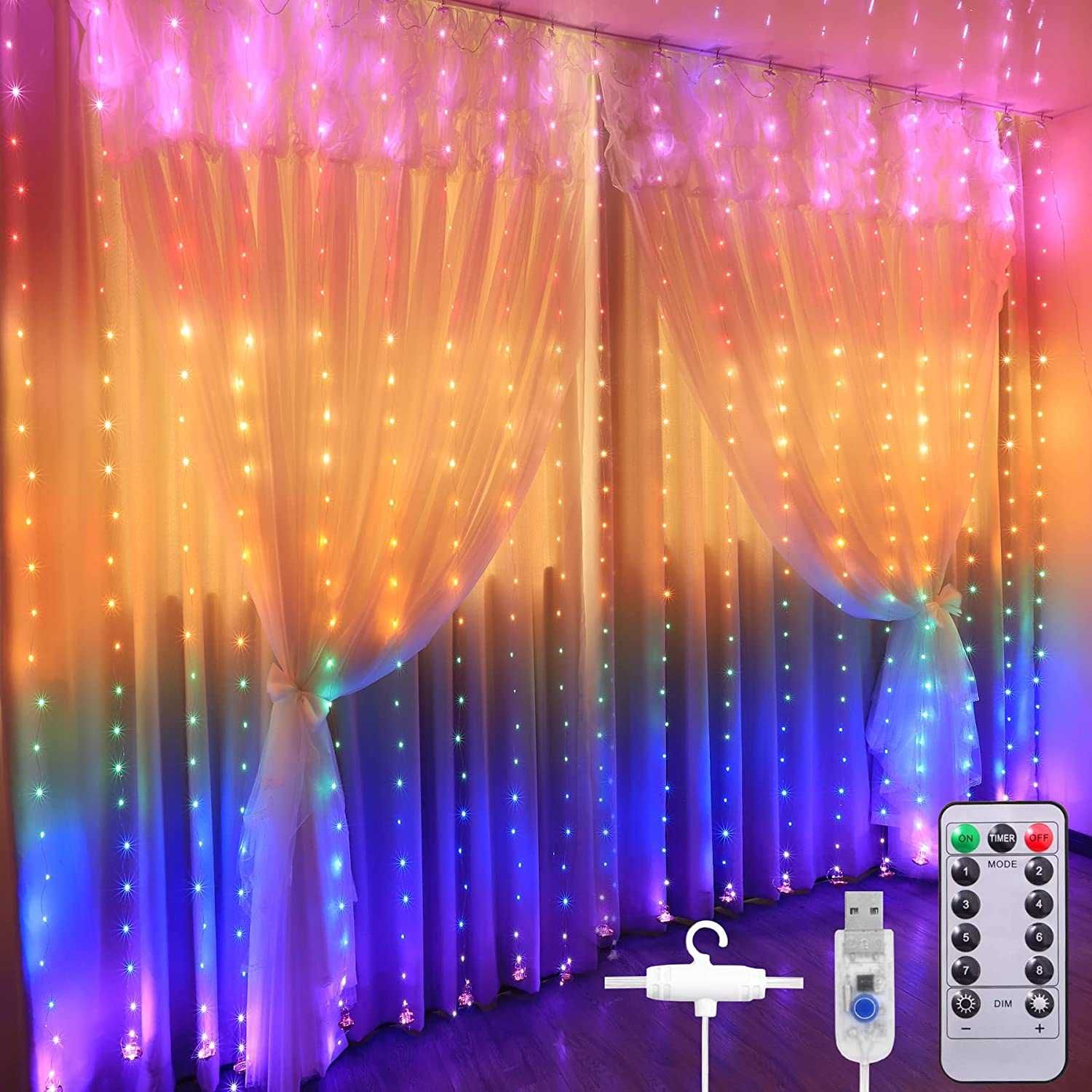 Kurtyna świetlna girlanda 300 LED 3 x 3m lampki USB multikolor